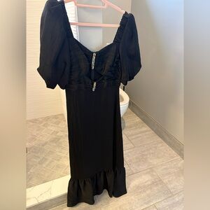 Sandro Black Midi Dress with Puff Sleeves and gem detail